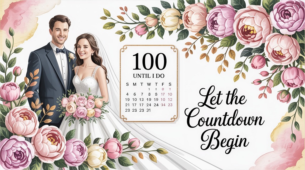 Wedding planner checklist, floral arrangements, and couple discussing details, illustrating a fast-paced 100-day wedding plan.