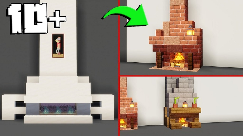 A modern Minecraft fireplace with quartz and glass panes, featuring a lit netherrack block in a sleek interior.
