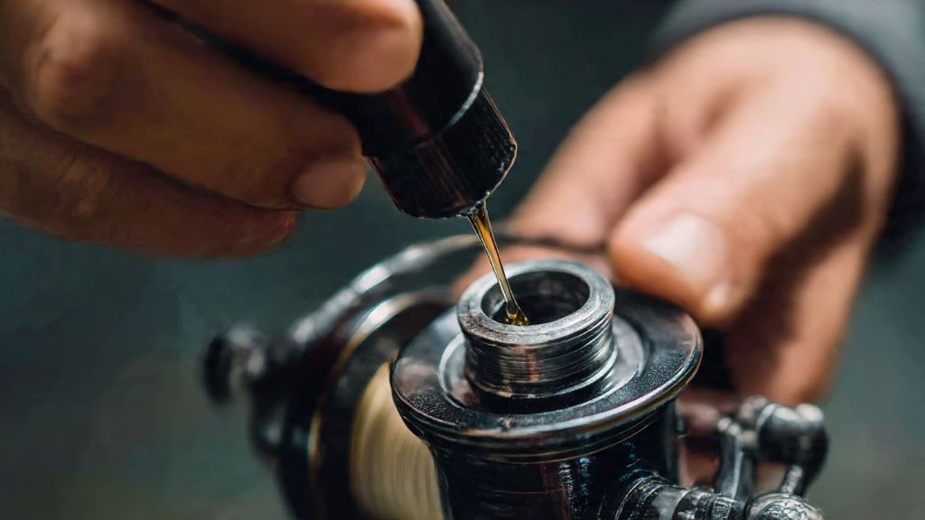 Angler applying fresh lubricant oil to cleaned fishing reel bearing with precision