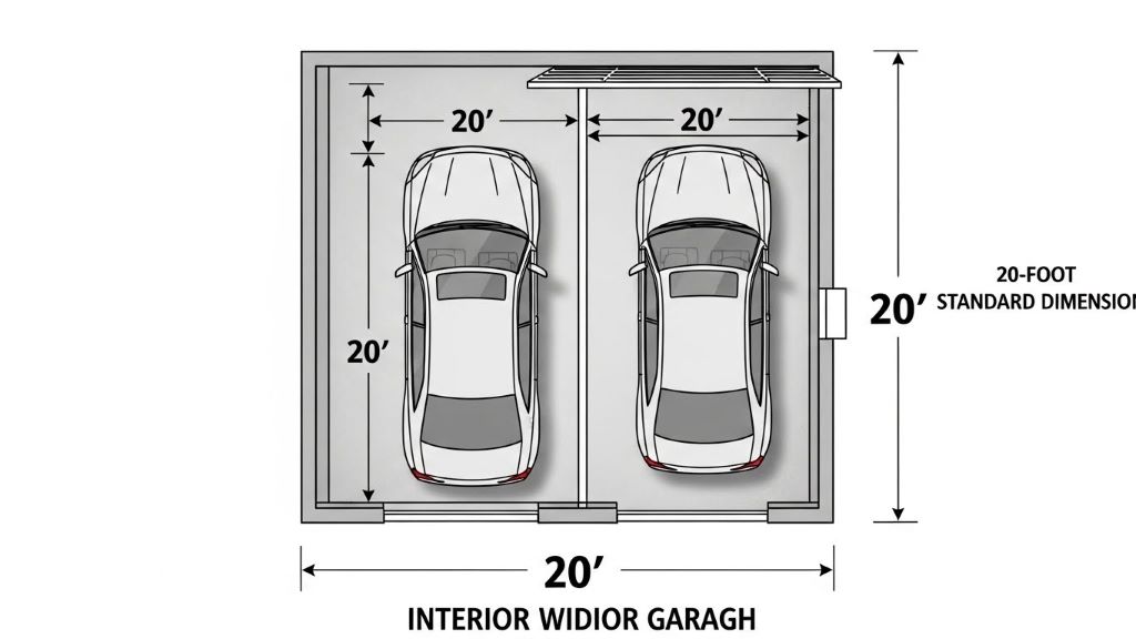 Garage width measurement diagram illustrating the 20-foot standard dimension for two-car garage interior space
