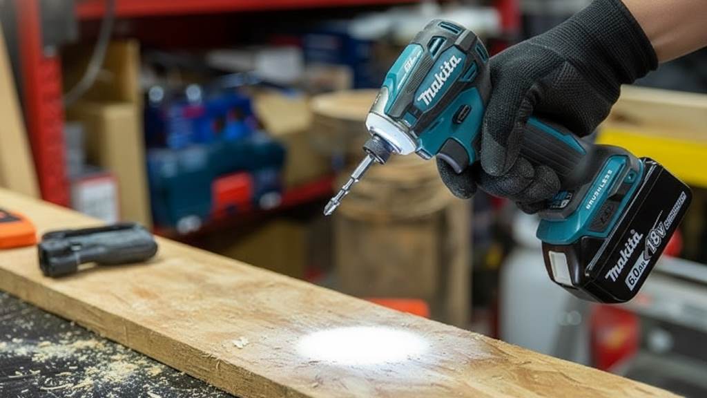 Makita XDT19Z compact brushless impact driver with LED light illuminated on workpiece