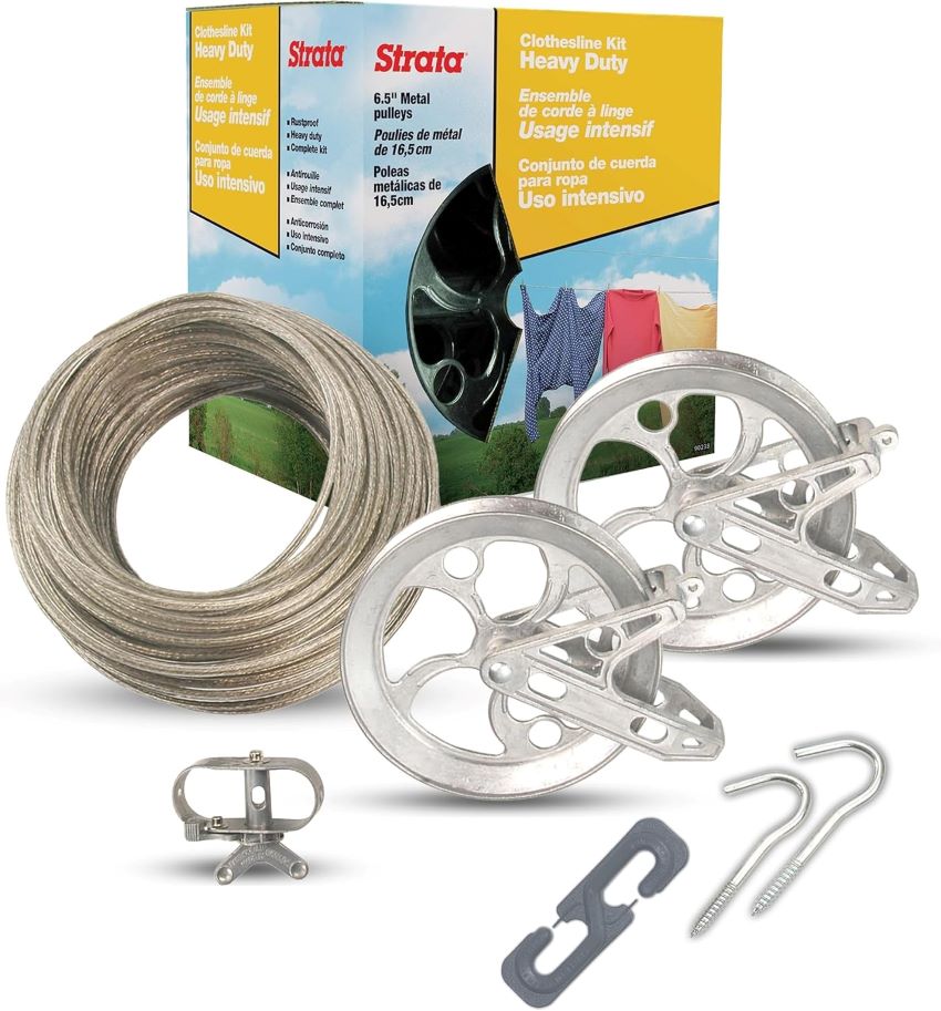 Outdoor clothesline secured with Strata rustproof metal mini winch.