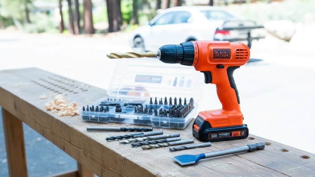 BLACK+DECKER 100-Pc Drill Kit including drill bits, screwdriver bits, and the cordless drill on a workbench