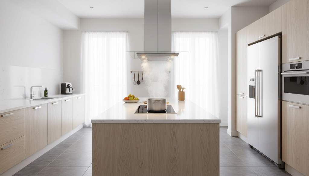 Clean kitchen with island range hood venting smoke during cooking session