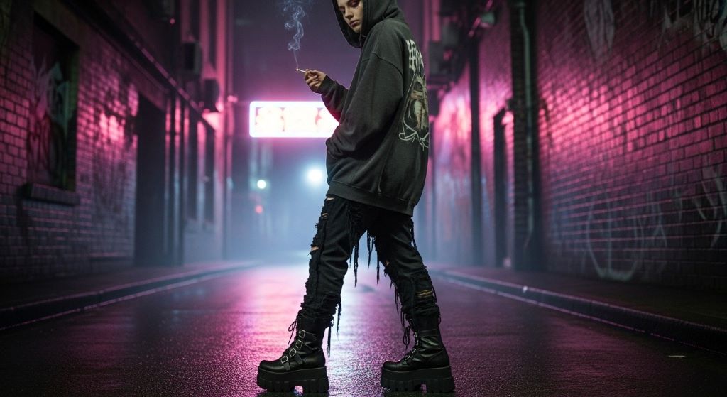 Person wearing opium aesthetic clothing featuring distressed black jeans, oversized hoodie, and platform boots