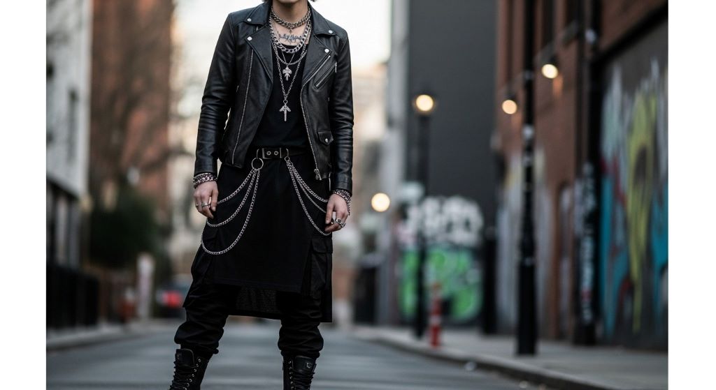 Black layered opium fashion outfit with leather jacket and chain accessories for everyday streetwear style