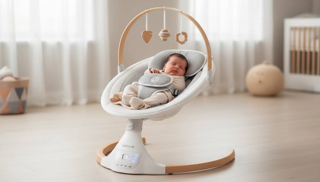 Jool Baby Nova Nature Electric Baby Swing with newborn relaxed in deep recline and natural wooden toys