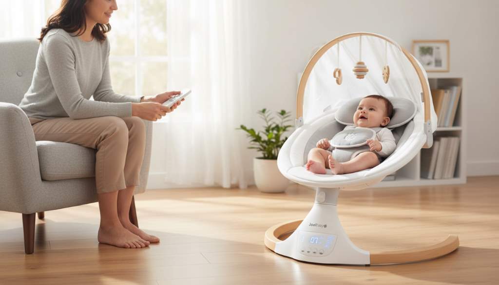 Parent using remote control on Jool Baby Nova Nature swing while baby watches canopy-shaded toys