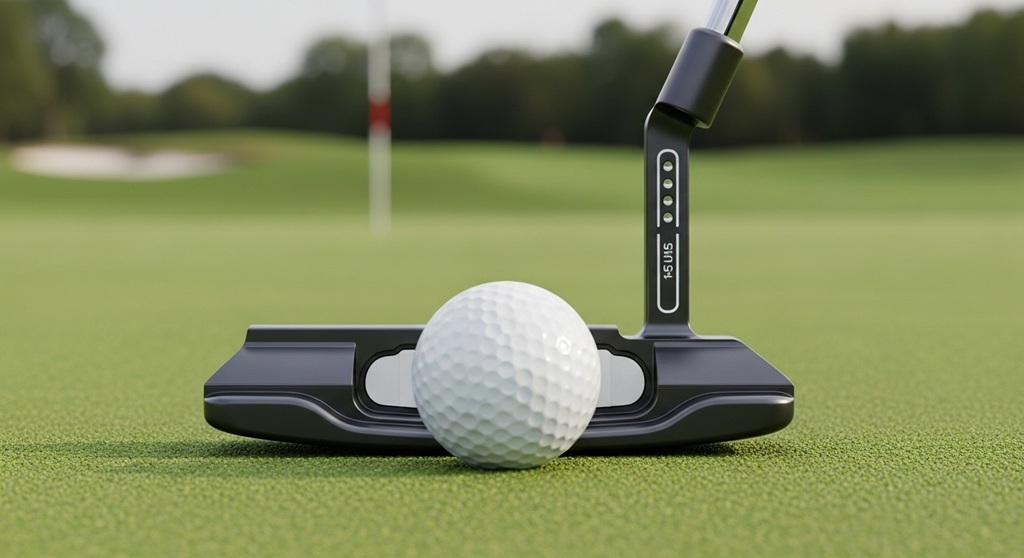 golfer aligning putter on green for accurate putting