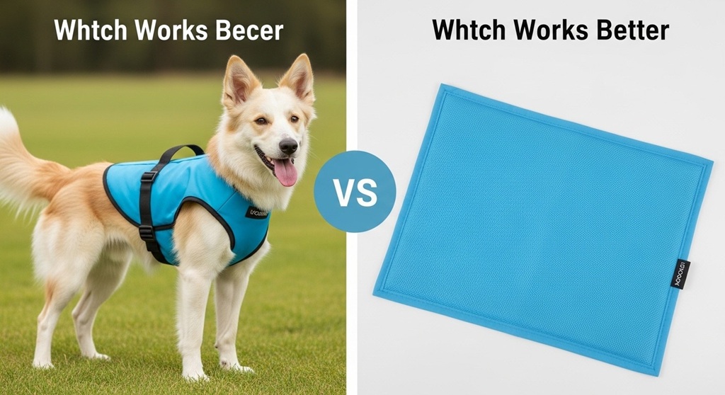 Dog wearing cooling vest during summer walk