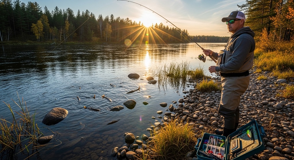angler wearing polarized sunglasses reducing water glare while fishing on lake