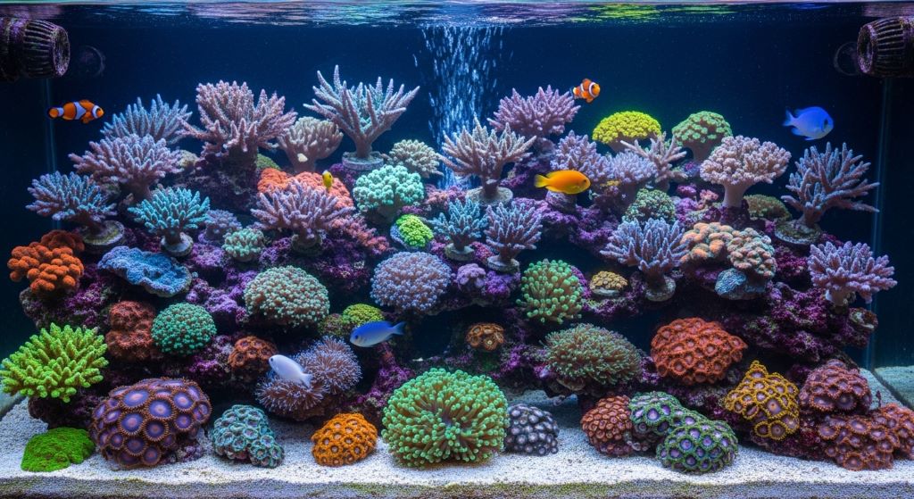 Healthy reef tank with vibrant corals showing results of proper water parameter maintenance