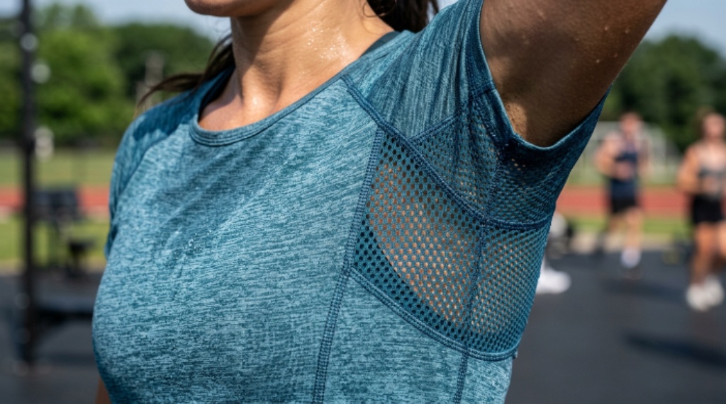 Close-up of a women’s cooling fabric gym top showing mesh panels and moisture-wicking texture detail