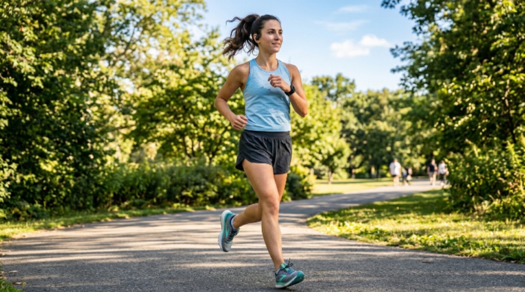 A woman wearing a light blue breathable racerback gym shirt during an outdoor workout on a sunny day