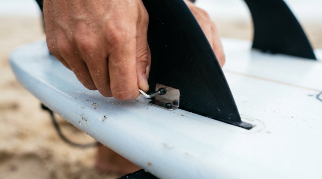Close-up of stainless steel fin plates and fin key being used to secure a surfboard fin