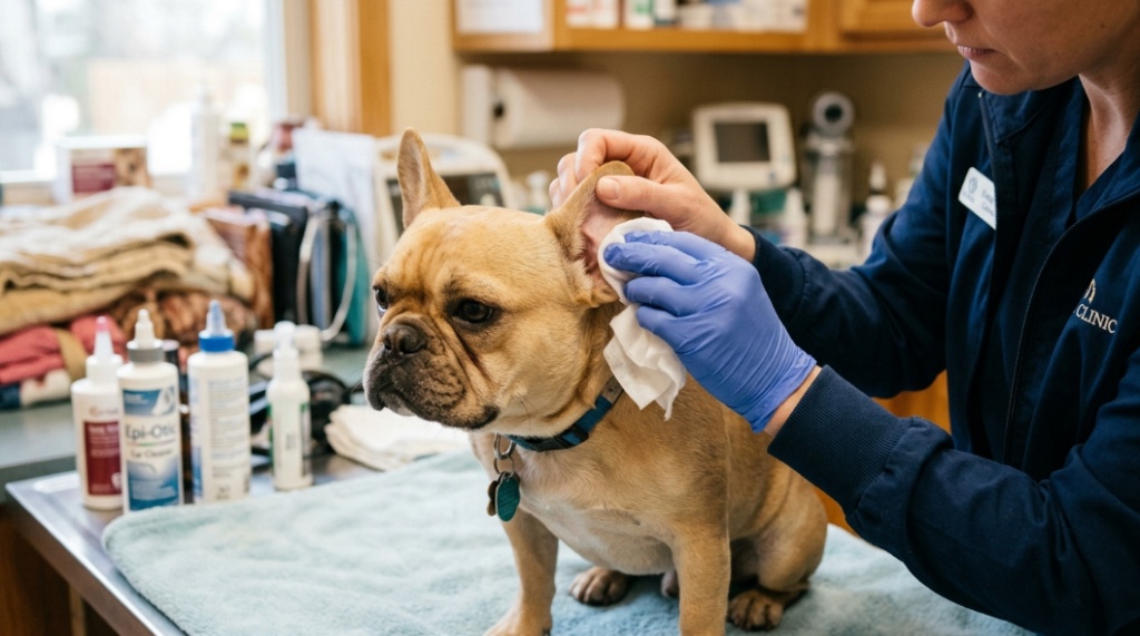 Veterinarian gently cleaning a French Bulldog's ears using a soothing pet ear wipe.