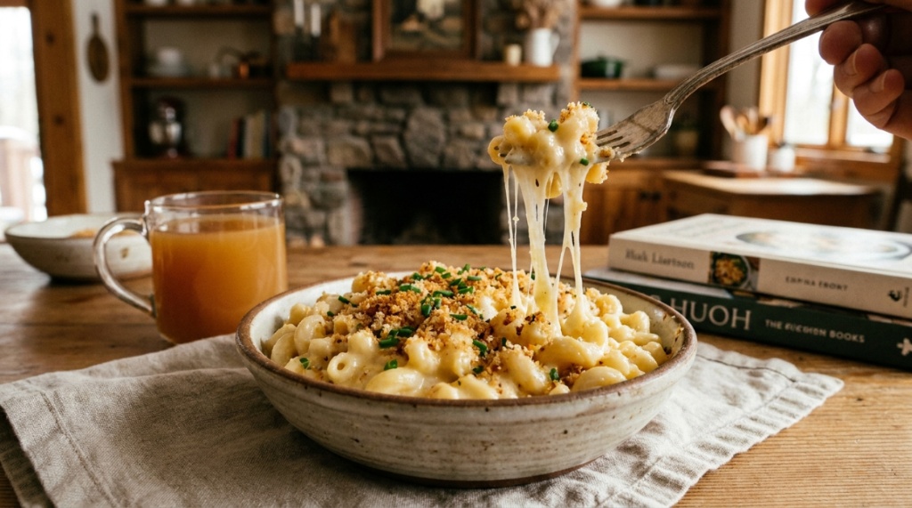 A ceramic bowl of homemade mac and cheese garnished with breadcrumbs. 
