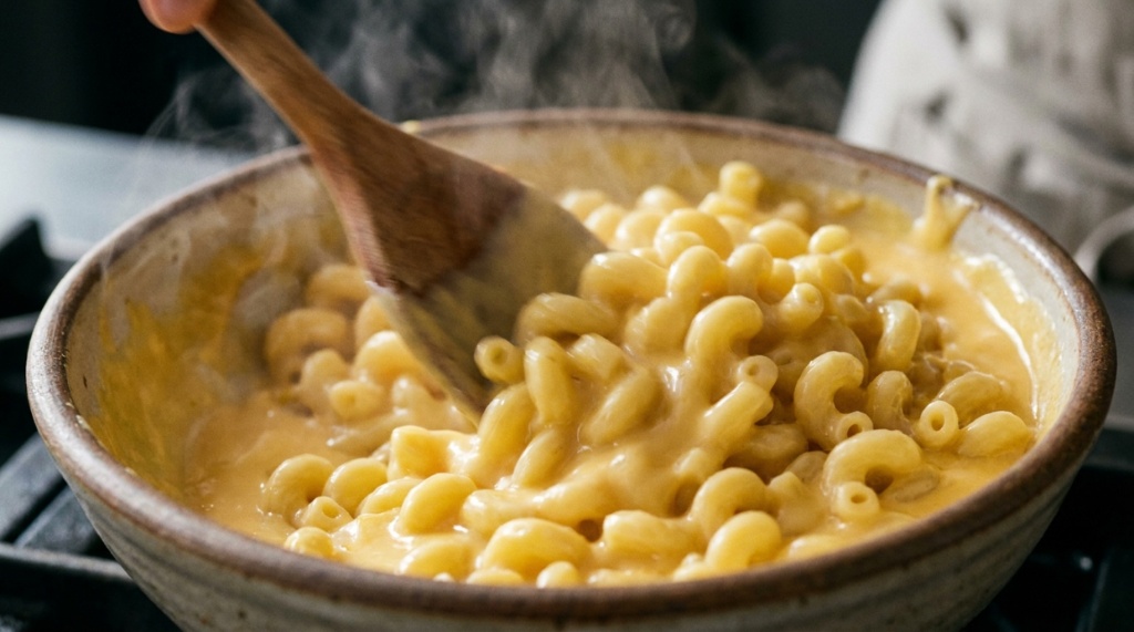 Stirring boiled macaroni pasta into a creamy melted cheddar cheese sauce.