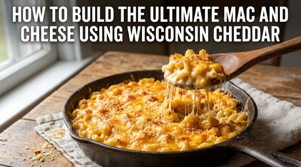 A bubbling baked macaroni and cheese in a skillet with text overlay.