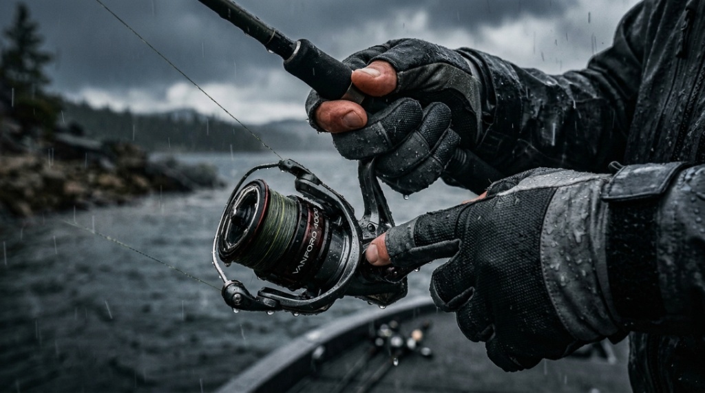 Close-up of waterproof fishing gloves holding a reel during heavy rain.