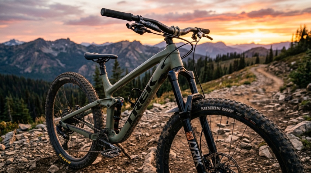 A durable mountain bike parked on a dirt trail.