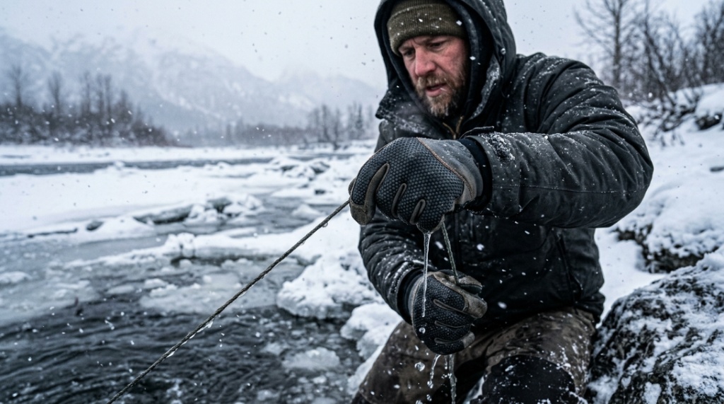 Fisherman wearing insulated neoprene gloves pulling a line in freezing snowy weather.