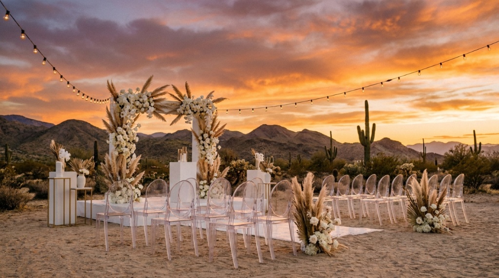 White floral arch and acrylic chairs at a luxury Nevada desert wedding ceremony.