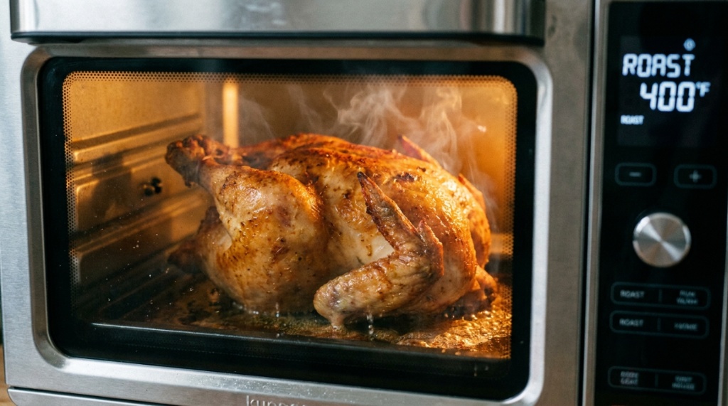 Roasted whole chicken inside an energy-efficient smart air fryer oven.