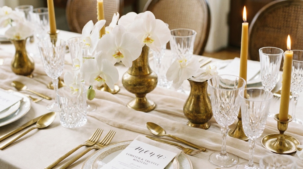 Crystal glassware and white orchid centerpieces on an elegant wedding reception table.