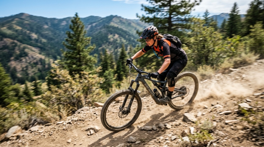 A cyclist riding a mountain bike down a trail.