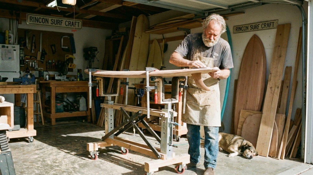 A craftsman sands a surfboard bottom at eye level using an adjustable repair stand.