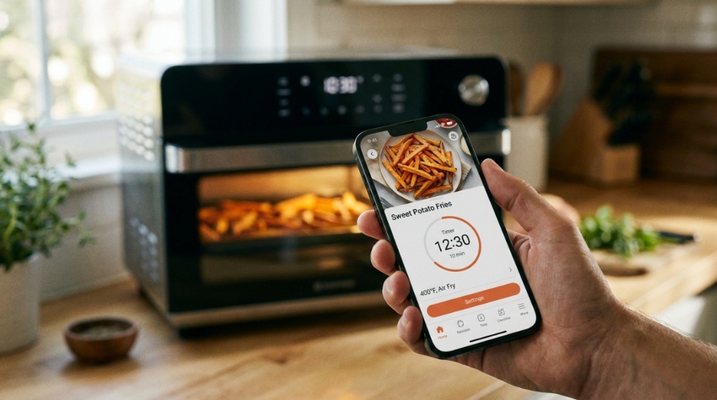 Hand using a smartphone app to control a countertop smart oven.