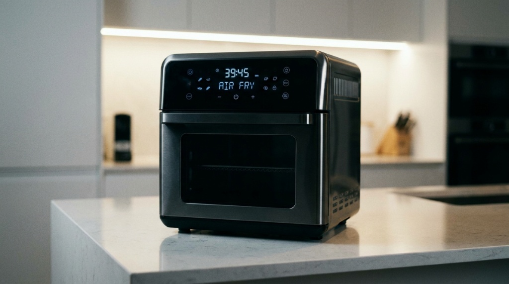 Modern smart air fryer oven with digital touchscreen on a kitchen counter.