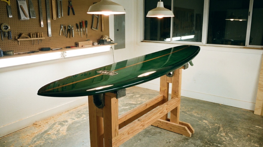 A white surfboard rests securely on a wooden surfboard stand inside a brightly lit workshop.