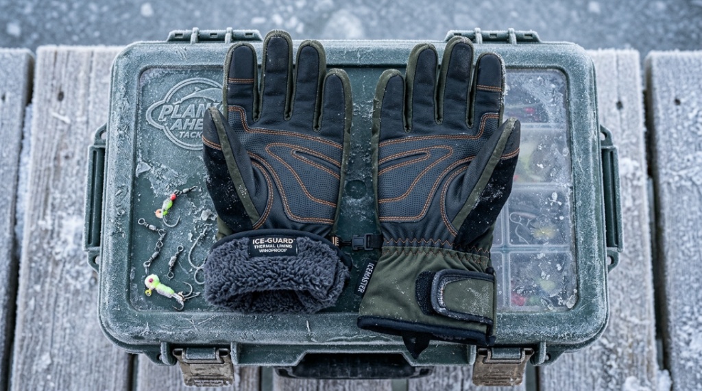 Pair of heavy-duty thermal fishing gloves resting on a frosty tackle box.