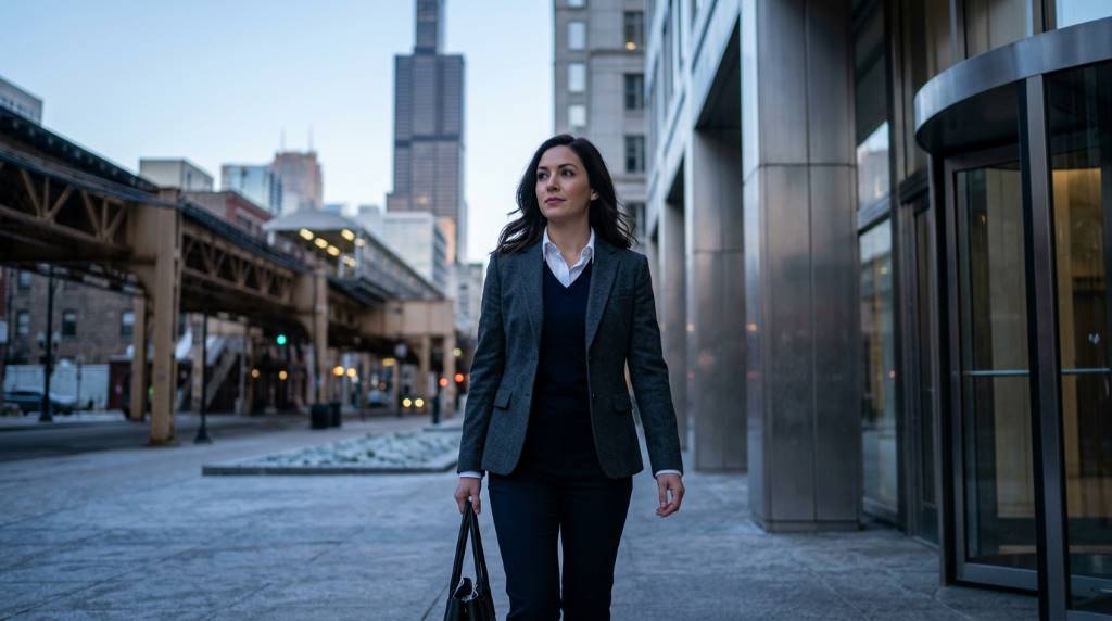 Professional layered office outfit for changing weather