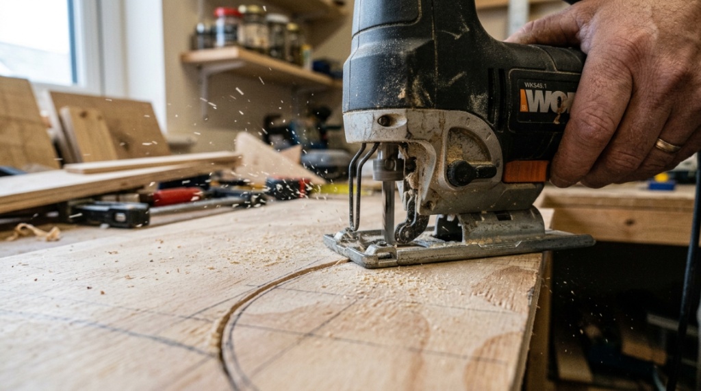 Close-up of a jigsaw blade following a curved pencil line on wood.