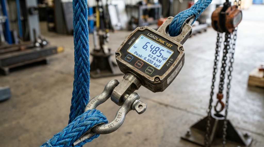 Digital dynamometer measuring exact breaking strength and tension on synthetic winch line.