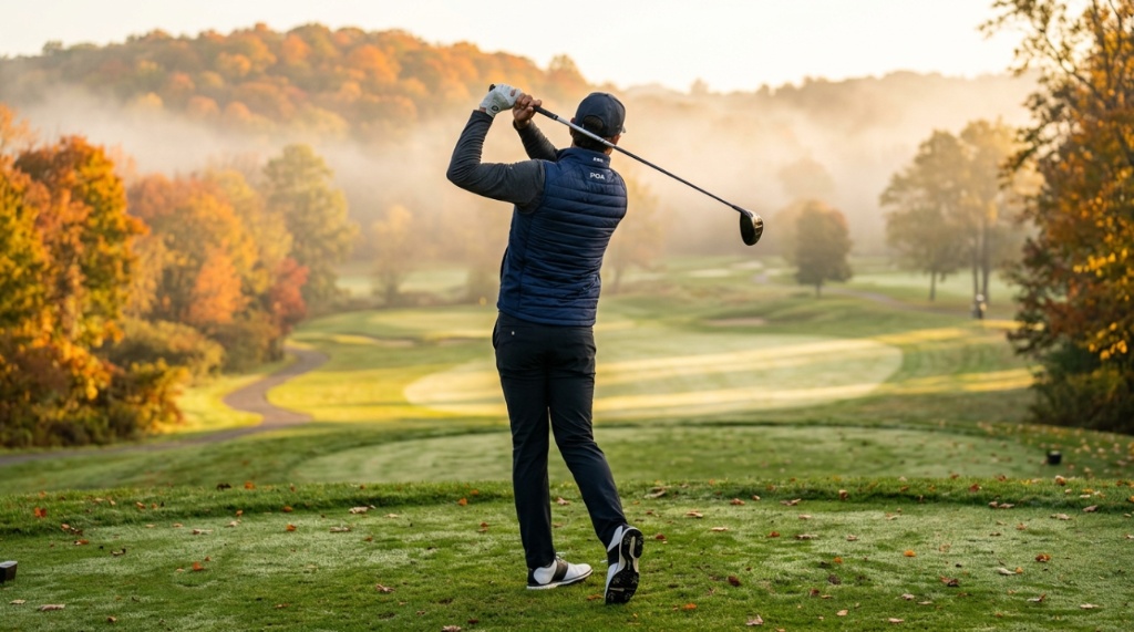 A golfer wearing an insulated vest swings a club on an autumn golf course.
