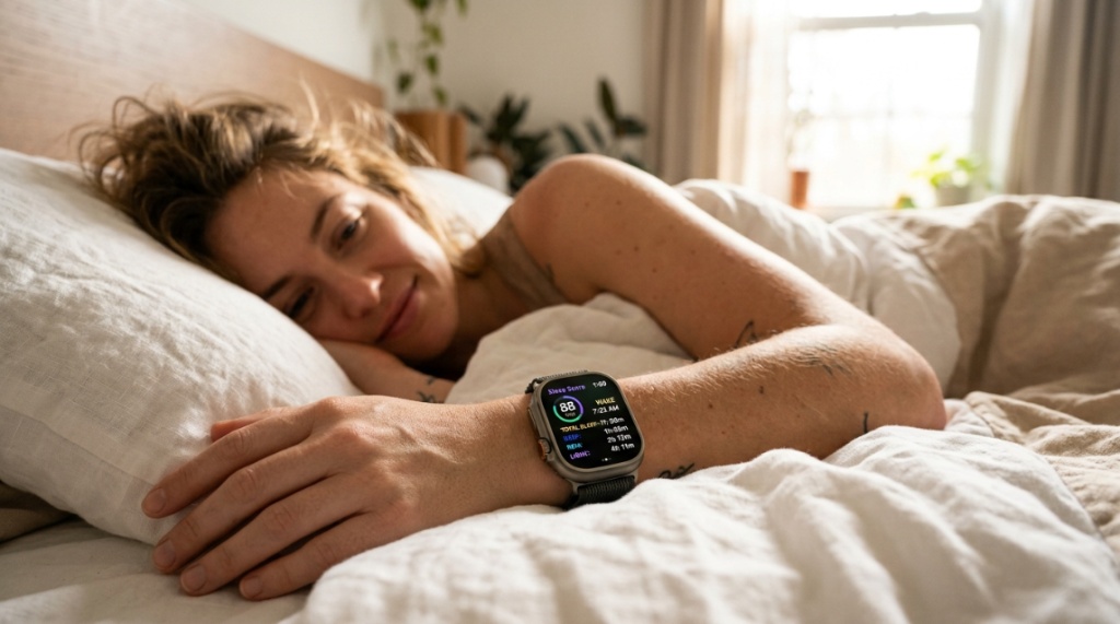 Person wearing a fitness smartwatch showing sleep tracking stats in a sunlit bedroom.
