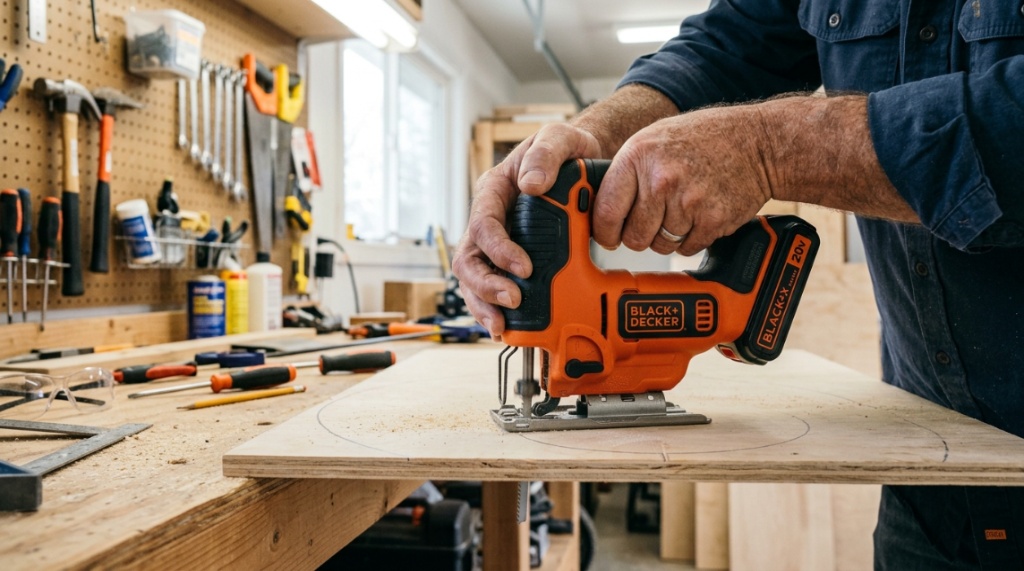 Person using a compact cordless jigsaw to cut plywood in a workshop.