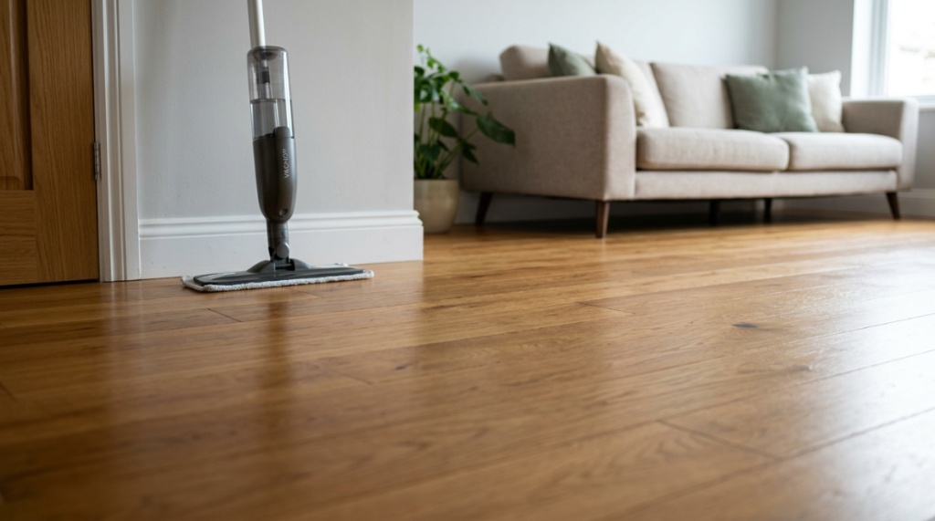 Gleaming clean wooden floor next to a standing Shark VACMOP.