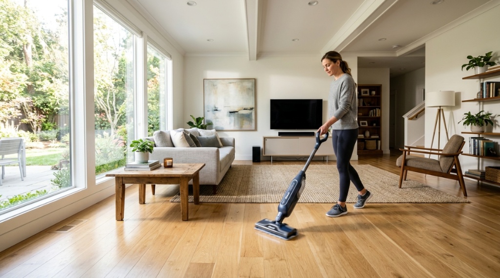 Person using a Shark VACMOP to clean modern hardwood floors.