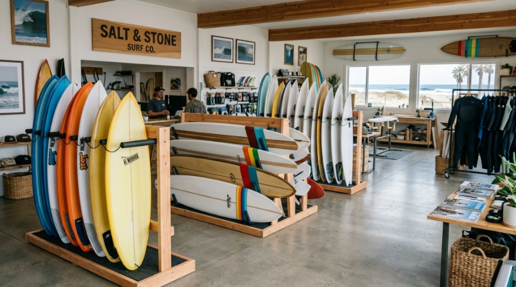 Several surfboards organized neatly on a wooden freestanding rack inside a bright garage.