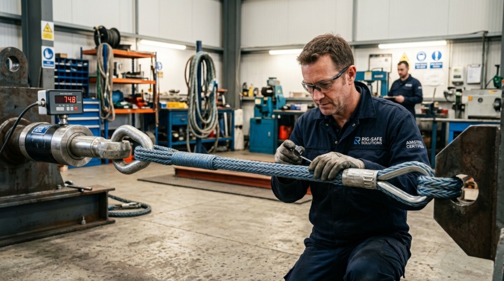 Rigging technician inspecting Amsteel rope tension setup using heavy-duty load testing equipment.