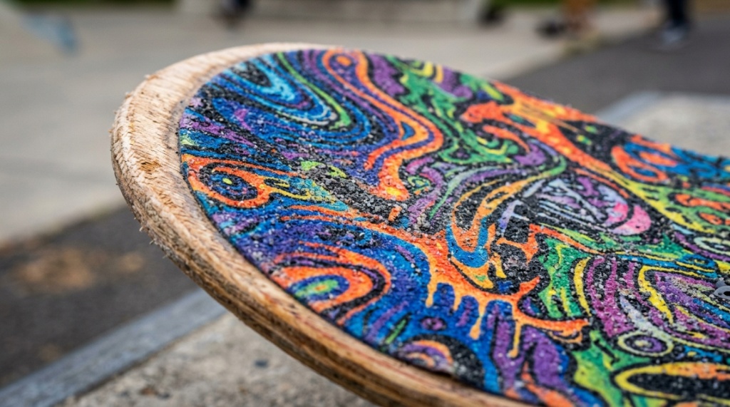 Close-up of gritty textured grip tape on a skateboard.