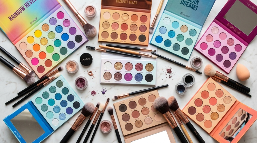 Open colorful eyeshadow palettes arranged flat on a white table with makeup brushes.