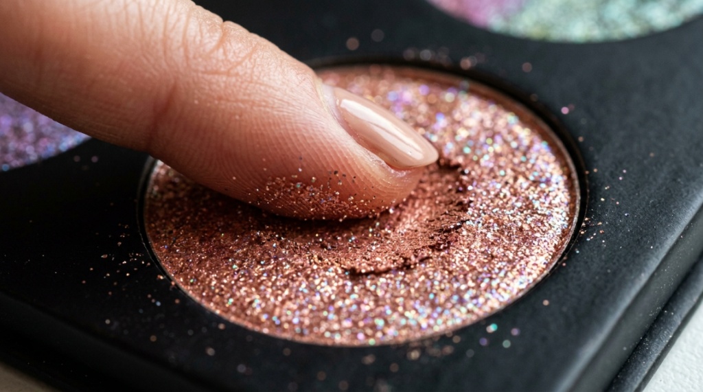 Close up of a finger touching a shimmering gold eyeshadow pan showing texture.