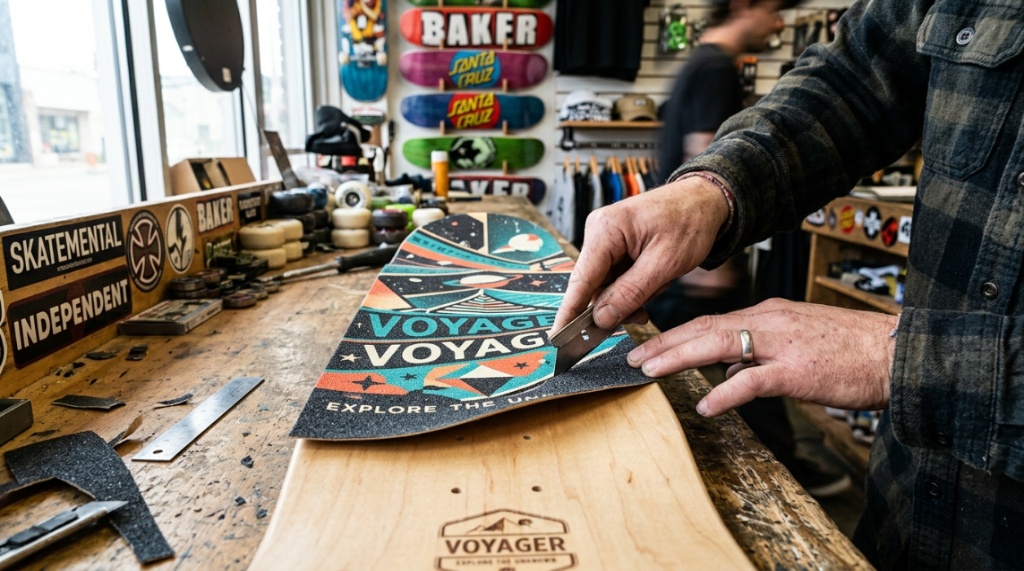 Hands applying stylish custom grip tape to a Voyager skateboard deck.