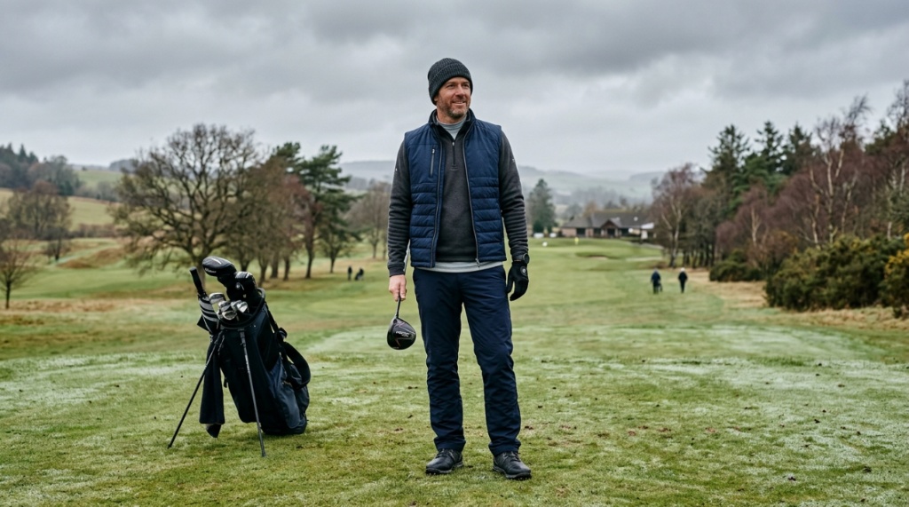 A golfer wearing a quilted winter golf vest layered over fleece apparel.